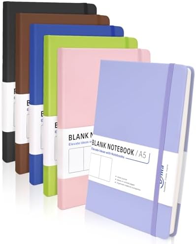 Dynta Blank Journal Notebooks for Women Men, 6 Packs A5 Hardcover Sketchbook, 200 Pages/100 Sheets Unlined Paper, 6 Colors, 5.8" x 8.4" Plain Journals bulk for Writing, Sketching, Drawing by Dynta