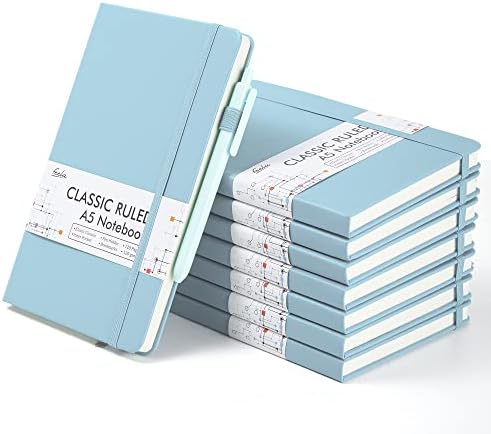 feela 8 Pack Notebooks Journals Bulk, Hardcover Notebook Classic Ruled Lined Journals with Pen Holder for Women Girls School Business Supplies, with 8 Black Pens, 120 GSM, 5.1”x8.3”, A5, Light Blue by feela