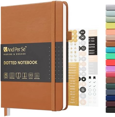 &And Per Se Dotted Journal Notebook, A5 Hardcover Leather Dotted Journal, 160 Pages 100gsm Thick Dot Grid Paper, 3 Sheets of Stickers Included - 5.7'' x 8'' (Light Brown) by AndPerSe