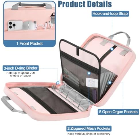 MoKo Zipper Binder, 3 Inch 3 D Ring, 5 Tab File Folders, 700 Sheets, Pink - Image 3