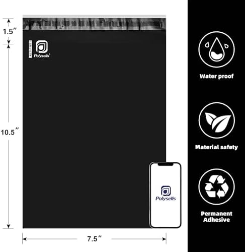 POLYSELLS 1000 pcs 7.5x10.5 Inches Black Poly Mailers Shipping Envelopes, Strong Adhesive Sealing, Waterproof, and Tear-resistant Postal Mailing Bags for Clothing, Books, and Accessories - Image 2
