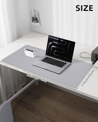 PU Leather Desk Blotter Mat, Large Mouse Pad, Non-Slip & Waterproof Desk Cover for Office and Home - Light Grey, 36" x 17" - Image 5