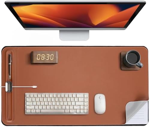 Desk Mat – Double-Sided Vegan Leather & Felt | Built-In Magnetic Cable Organizer & File Storage | Premium Workspace Pad for Office, Gaming & Creative Professionals-（Brown） by Promattoo