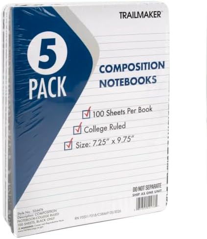 Trail maker 5 Pack Composition Notebooks, College Ruled Marble Cover, 200 Pages (100 Sheets), 9.75 x 7.25, Bulk School Supplies for Classroom, Office & School Donations - Image 2