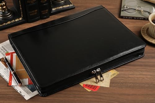 Black Leather Padfolio for Women/Men, Business Leather Binder 3 Ring Portfolio, Personalized Leather Portfolio Binder, Zippered Portfolio Organizer for A4 Notepad & 13-inch Laptop/Tablet - Image 3