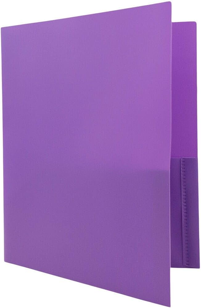 JAM PAPER Plastic 2 Pocket POP Folders - Durable School Folders with Metal Prongs Fastener Clasps - Purple - Bulk 48/Pack - Image 3