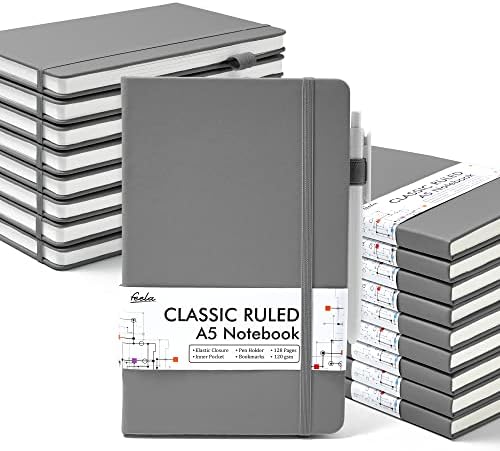 feela 18 Pack Journal Notebook for Work, Business Notebook Bulk Hardcover Lined Writing Journal with Pen Holder for Men Women Note Taking, with 18 Black Pens, 120 GSM, 5.1”x8.3”, A5, Gray by feela