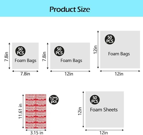 260 pcs Moving Packaging Supplies Set, 200 pcs Cushioning Foam Pouchs&Sheets, 4 Sizes (12"x12",12"x12" Sheets,12"x7.5",7.5"x7.5") With 60 Fragile Stickers,For Moving,Packaging,Storage - Image 2