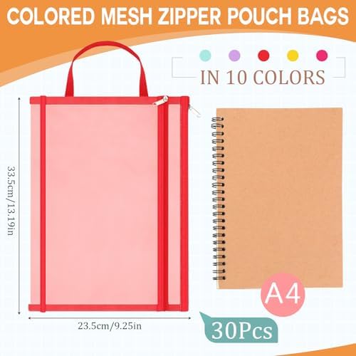 Marspark 30 Pack Bright Color Mesh Zipper Pouch Bags A4 Nylon Organizing Bags Breathable See Through Zipper Pouch with Handle for Office Games - Image 2