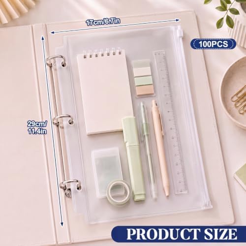 Gilprop 100 Pcs Clear Binder Zipper Pouches 3 Rings PVC Waterproof Loose Leaf Bags Letter Size Binder Pockets 11.5 x 6.7'' Fill Folders Document Organizer for Office Supplies Filling Storage - Image 2