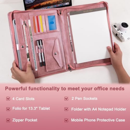 AZXCG Portfolio Binder, Pink Padfolio with Handle and Zipper,Leather Padfolio for Women,Professional Business Portfolio Organizer with A4 Notepad Holder for School,Work - Image 4