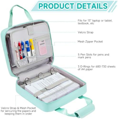 3 Ring Zipper Binder Bag, 3 Inch D-Ring 700 Sheet Capacity, Portable File Organizer with Removable Shoulder Strap & Multiple Pockets for School Office Travel Summer Study Back to School,Mint Green - Image 3