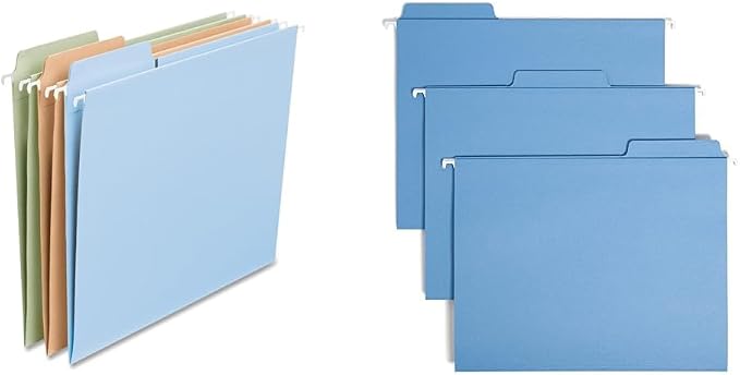 Smead FasTab Hanging File Folder, 1/3-Cut Built-in Tab, Letter Size, Assorted Pastel Colors & FasTab Hanging File Folder, 1/3-Cut Built-in Tab, Letter Size, Blue, 20 per Box (64099) by Unknown