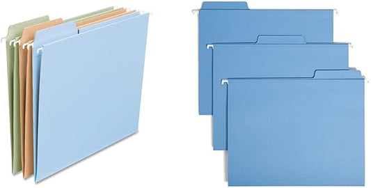 Smead FasTab Hanging File Folder, 1/3-Cut Built-in Tab, Letter Size, Assorted Pastel Colors & FasTab Hanging File Folder, 1/3-Cut Built-in Tab, Letter Size, Blue, 20 per Box (64099) by Unknown