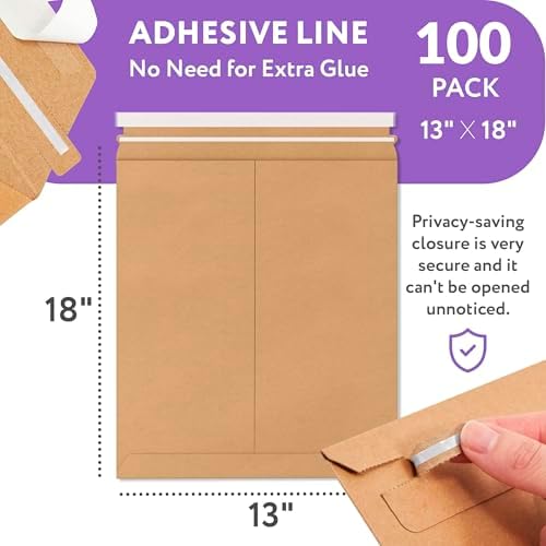 APQ Supply Natural Brown Rigid Mailers, 13 x 18 Inch. Pack of 100 Cardboard Envelopes for Photos, Documents. Sturdy Stay Flat Mailers with Self-Seal Closure. Hard Rigid Shipping Envelopes - Image 2