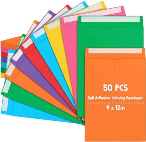 50 Pcs 9'' x 12'' Catalog Envelopes Self Adhesive 32lb Manila Envelopes Kraft Peel & Seal for Secure Mailing Storage Organizing for Office Business Home(Colorful) by Janlaugh