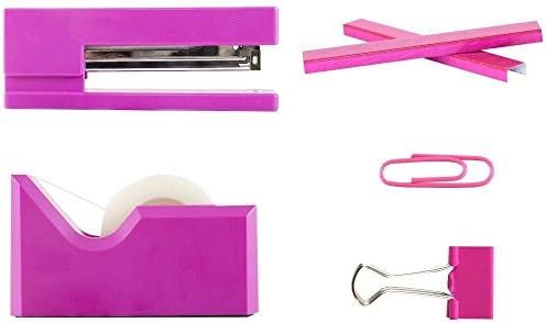 JAM PAPER Office Starter Kit - Pink - Stapler, Tape Dispenser, Staples, Paper Clips & Binder Clips - 5/Pack - Image 2