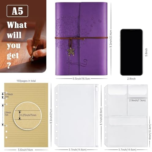 6 Pack Leather Notebook Journal, Travel Journal Bulk, Refillable Vintage Journals for Writing, Diary Gifts for Women, Men, Girls, Boys, 100GSM Lined Paper, Each 160 Pages & 2 Pockets (A5, 9.2" x 6.5") - Image 2