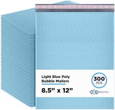 Light Blue Bubble Mailers 8.5x12 Poly Padded Envelopes #2, 300 Pack by MAILERVIEW
