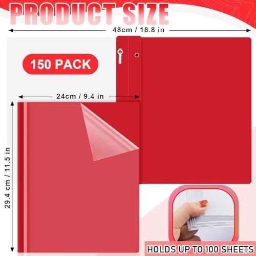 Teling 150 Pcs Plastic Report Covers Bulk with 3-Prong Fastener, Red - Image 2