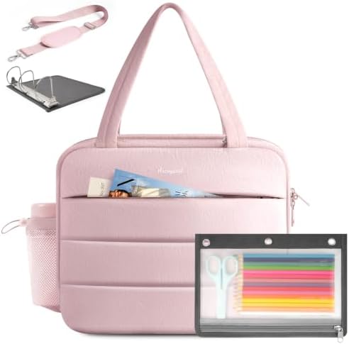 Puffer Zipper Binder 3 Ring with Pencil Pouch, 3" D-Ring Binder with Zipper and Shoulder Strap, 600+ Sheets Capacity Zip Up Binder with 15.6" Laptop Pocket, Binder Bag for School College Office, Pink by Arcoyard