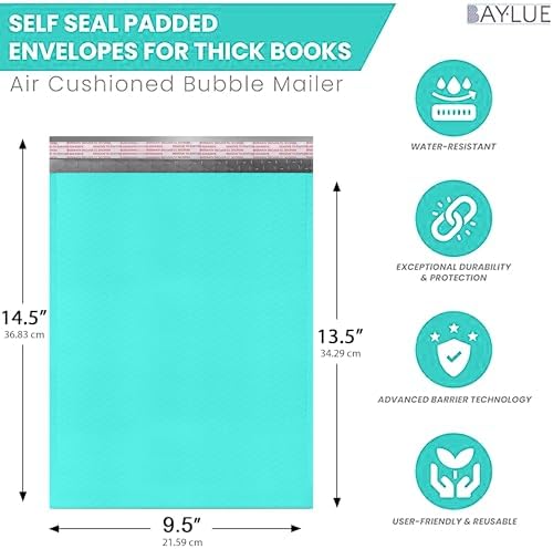 Aqua Teal Bubble Mailers 9.5x14.5, Poly Padded Envelopes #4, 100 Pack - Image 2
