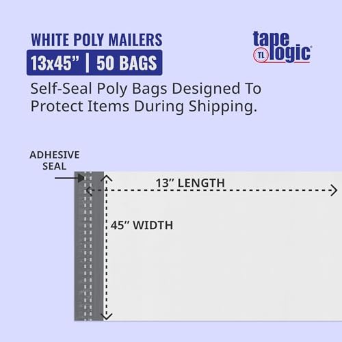 Tape Logic White Long Poly Mailer, 13"L x 45"W, Pack of 50 | Self-Sealing Durable Plastic Envelope for Secure Shipping, Packaging, & Storage, Ideal for Personal & Small Business Shipping Needs , 13x45 - Image 2