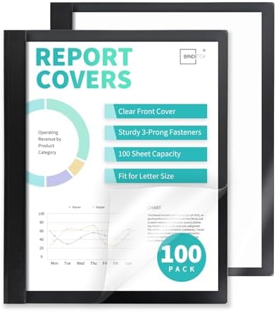 Heavy-Duty Report Covers with 3 Prongs, 100-Sheet Capacity, Black, 100 Pack by Binditek