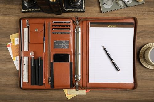 Brown Leather Padfolio for Women/Men, Business Leather Binder 3 Ring Portfolio, Personalized Leather Portfolio Binder, Zippered Portfolio Organizer for A4 Notepad & 13-inch Laptop/Tablet - Image 5