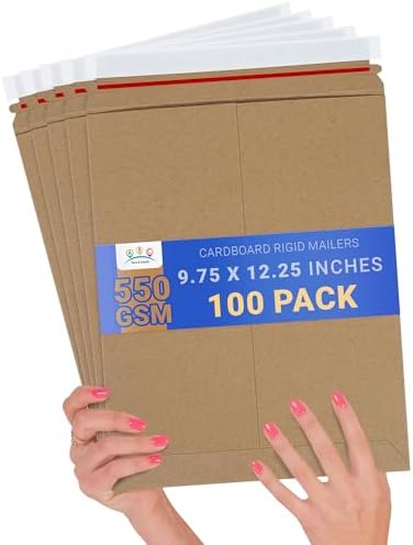 ABC PACK & SUPPLY Rigid Mailers 9.75 x 12.25 Inch, Brown Cardboard Envelopes, Self Seal Tear Strip, 550 GSM Paperboard, Stay Flat Design, Pack of 100 by ABCPackSupply%C2%AE