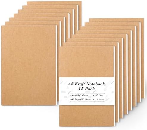 feela 15 Pack A5 Kraft Notebooks, 60 Lined Blank Pages Travel Journal Bulk, Soft Cover Notebooks for Women Girls Students, Making Plans Writing Memos Office School Supplies, 8.3 X 5.5 in by feela