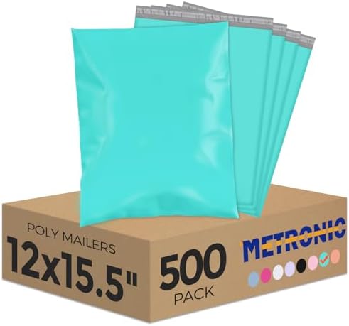 Metronic Poly Mailers 12x15.5" 500 Pack Shipping Bags, Strong Adhesive Mailing Bags, Waterproof and Tear-Proof Multipurpose Envelopes for Clothing, Small Business,Postal Bags Teal by METRONIC