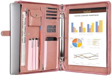 Pink Leather Padfolio for Women, Business Leather Binder 3 Ring Portfolio, Personalzied Leather Portfolio Binder, Zippered Portfolio Organizer for A4 Letter Size Notepad & 13-inch Laptop/Tablet by YLYYHH