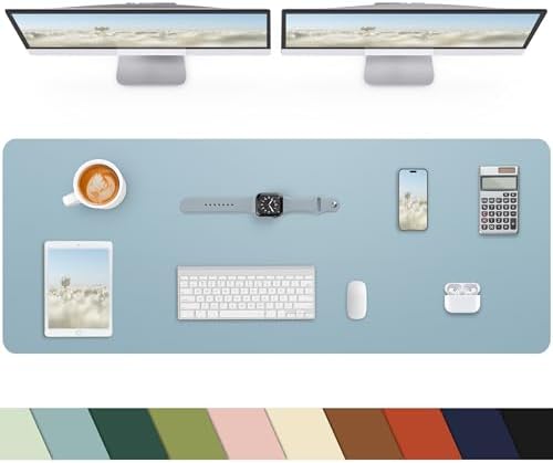 Leather Desk Pad Protector, Large Mat, Mouse Pad & Keyboard Cover - Non-Slip PU Leather Blotter - Office & Home (Light Blue, 48" x 17") by cebowa