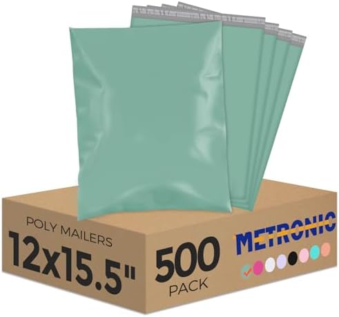 Metronic Poly Mailers 12X15.5 500Pack, Strong Adhesive Shipping Envelopes for Clothing, Waterproof Shipping Bags for Small Businesses, Flexible Mailers Poly Bags, Grayed Jade Green by METRONIC