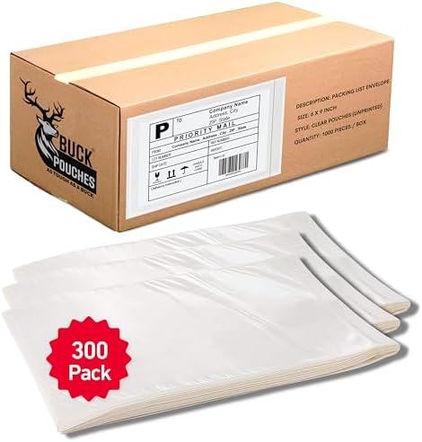 300 Pack 6"x9" Shipping Label Sleeves – Clear Self-Adhesive Packing Slip Pouches, Waterproof Packing List Envelopes – Ideal for Shipping Documents, Mailing Labels, Invoices & Packing Slips by BuckUSA