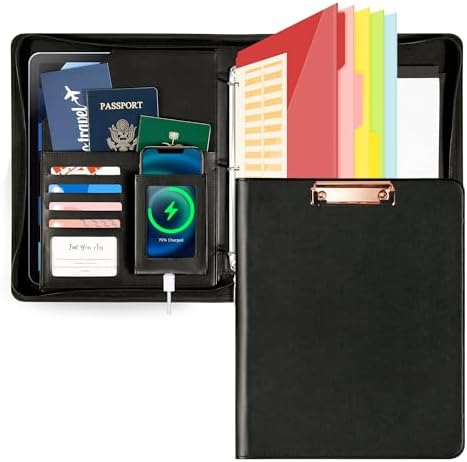 Ospelelf Leather Clipboard with Storage, Zippered Padfolio Portfolio Organizer, 3 Ring Binder 1 Inch, Notepad, Tablet Sleeve, 5 Dividers with Pocket for Office, Nurses, Students, Teachers Black by OspelelfOfficeSupplies