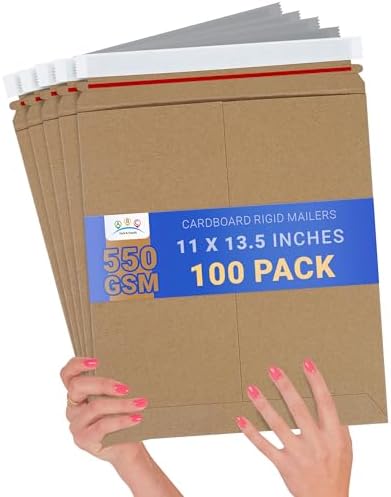ABC PACK & SUPPLY Rigid Mailers 11 x 13.5 Inch, Brown Cardboard Envelopes, Self Seal Tear Strip, 550 GSM Paperboard, Stay Flat Design, Pack of 100 by ABCPackSupply%C2%AE