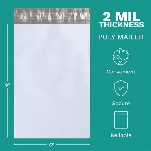6" X 9" Poly Mailers, 500 Count White Polymailer Shipping Envelopes for Clothes 2 Mil Unpadded Waterproof Opaque Self-Seal Poly Bags with Tear/Puncture Proof Adhesive Strip - Image 2