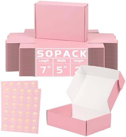 7x5x2 in Shipping Boxes for Packaging Mailing, 50 Pack Pink Shipping Box Mailers for Small Business, Recyclable Small Corrugated Coardboard Boxes by DERZIFUN