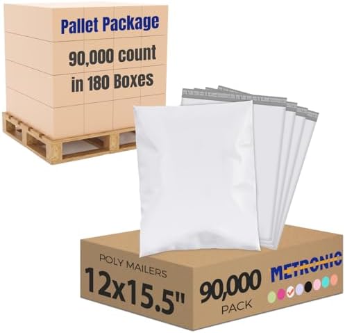 Metronic Poly Mailers 90000 Pack 12 x 15.5, Strong Adhesive Shipping Envelopes for Clothing, Waterproof Shipping Bags for Businesses, Flexible Mailers Poly Bags, Packages Bags Bulk, White by METRONIC