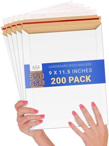 ABC PACK & SUPPLY Rigid Mailers 9 x 11.5 Inch, White Cardboard Envelopes, Self Seal Tear Strip, 550 GSM Paperboard, Stay Flat Design, Pack of 200 by ABCPackSupply%C2%AE