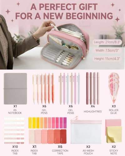 42pcs Cute Pencil Case, Large Capacity Study Pouch Bag with 4-Compartments, Portable Soft Canvas Easy Carry for Library and Office Supplies Kit, Elegant Aesthetic Study for Women (pink) - Image 2