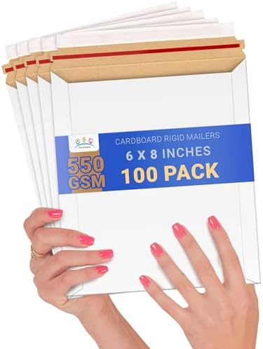 ABC PACK & SUPPLY Rigid Mailers 6 x 8 Inch, White Cardboard Envelopes, Self Seal Tear Strip, 550 GSM Paperboard, Stay Flat Design, Pack of 100 by ABCPackSupply%C2%AE