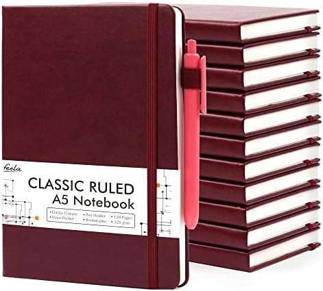 12 Pack Notebooks Journals Bulk with 12 Black Pens, Feela A5 Hardcover Notebook Classic Ruled Journal Set with Pen Holder for School Business Work Travel Writing, 120 GSM, 5.1”x8.3”, Wine by feela