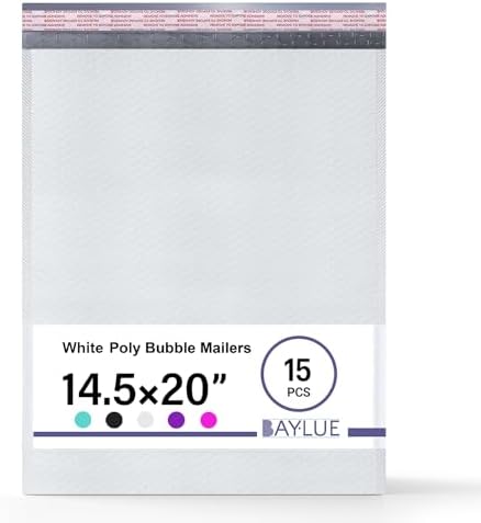 White Poly Bubble Mailers 14.50x20 Inch #7 | Self Seal Large Padded Envelopes | Air Cushioned Bubble Mailer | Usable Size 14.25x19 Inch | Waterproof Lightweight Mailing Shipping Bags | 15 Pack by BAYLUE