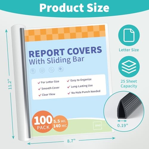 Binditek Clear Report Covers with Sliding Bars, 25 Sheet Capacity, 100 Pack - Image 2