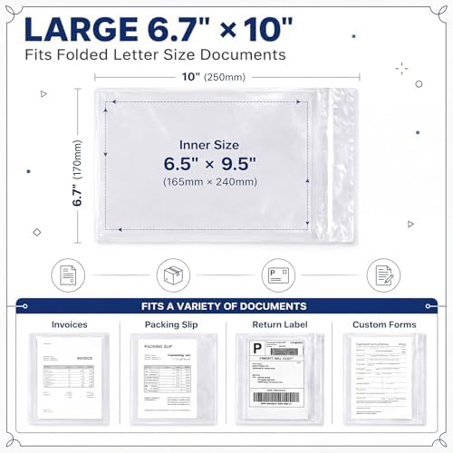 Glenmal 100 Pcs 6.7" x 10" Resealable Packing List Envelopes Clear Self-adhesive Shipping Label Sleeves with Zipper Waterproof Packing List Envelopes for Documents Mailing Labels Invoices Pack Slip - Image 2