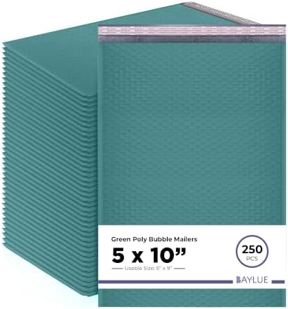 Green Bubble Mailers 5x10, Self Seal Poly Padded Envelopes #00, 250 Pack by BAYLUE