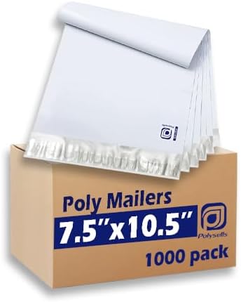 POLYSELLS 1000 pcs 7.5x10.5 Inches White x Silver Poly Mailers Shipping Envelopes, Strong Adhesive Sealing, Waterproof, and Tear-resistant Postal Mailing Bags for Clothing, Books, and Accessories by POLYSELLS